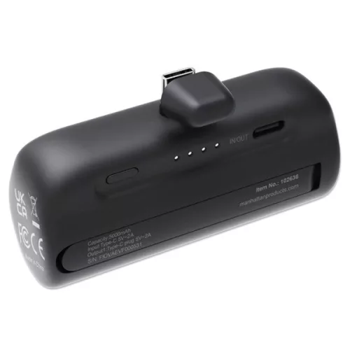 MANHATTAN Power Bank hordozható töltő és telefon állvány, 5000mAh, Beépített USB-C csatlakozóval, 10W, fekete