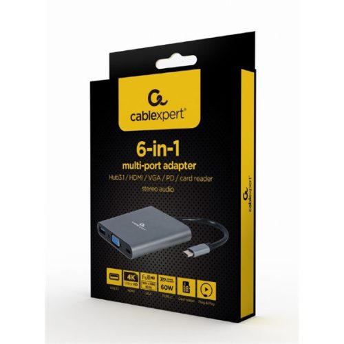 GEMBIRD Cablexpert Multiport adapter 6 az 1-ben USB-A, HDMI, VGA, JACK. SD kártya és USB Type-C