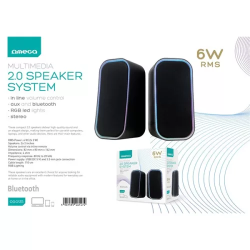 OMEGA Hangszóró 6W, sztereo 2.0, torony, Bluetooth, RMS, RGB, 3,5mm jack, USB, fekete