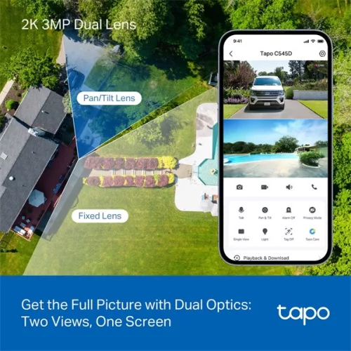 TP-LINK Tapo Wireless Kamera Cloud kültéri forgatható színes éjjellátó dupla lencse AI támogatás, TAPO C545D