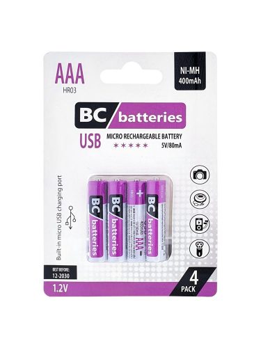 BC micro usb-vel tölthető AAA mikro akku 400 mAh RH6 1,2V B4