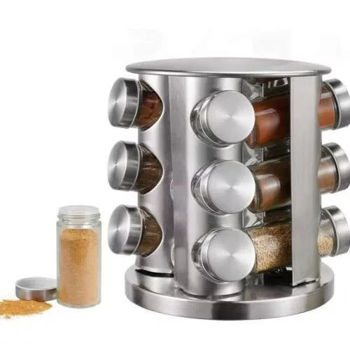 Forgatható fűszertartó állvány 12 db üveggel – Rozsdamentes acél, 22 cm inox