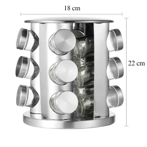 Forgatható fűszertartó állvány 12 db üveggel – Rozsdamentes acél, 22 cm inox