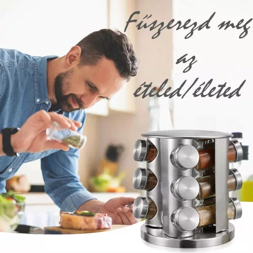 Forgatható fűszertartó állvány 12 db üveggel – Rozsdamentes acél, 22 cm inox