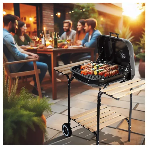Faszenes kerti grill fújtatóval stabil szerkezet, levegőszabályozás, sütéshez