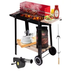   Faszenes kerti grill fújtatóval, és pálcával, stabil kialakítás könnyű használat