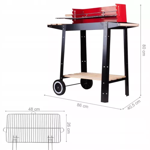 Faszenes kerti grill fújtatóval, és pálcával, stabil kialakítás könnyű használat