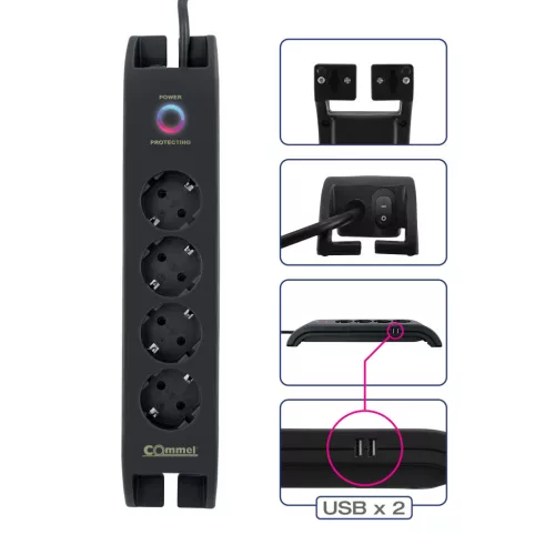 Hosszabbító túlfeszültség védelemmel 4 aljzat + 2x USB, 2 m kábel, 16A, fekete