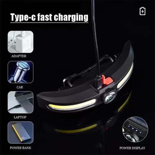 Napelemes fejlámpa COB LED és középső LED-del, 1200mAh akkumulátor, USB töltés