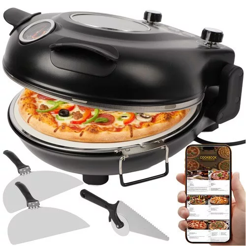 1200W Elektromos Pizza Sütő 420°C Kerámia Kővel, 30 cm, Időzítővel és Légkeringe