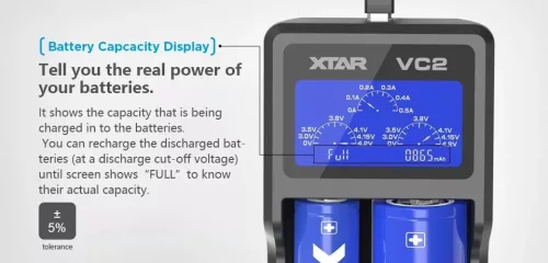 XTAR VC2 akkumulátor 2db lithium akku töltésére