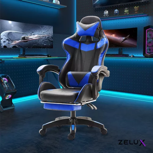Zelux gamer szék öko-bőr borítással, lábtartóval, karfáfal, fekete-kék