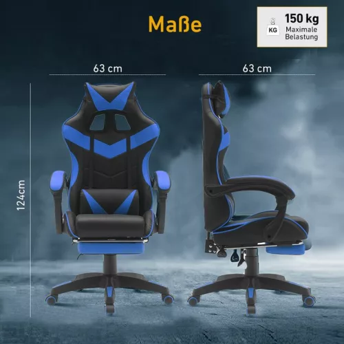 Zelux gamer szék öko-bőr borítással, lábtartóval, karfáfal, fekete-kék