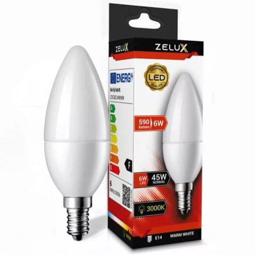 Zelux Led Candle C37 6W E14 3000K Gyertya Izzó