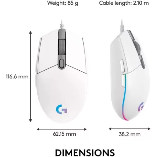 Logitech Egér - G203 Lightsync (Vezetékes, Gaming, Optikai, USB, 8000 DPI, fehér)