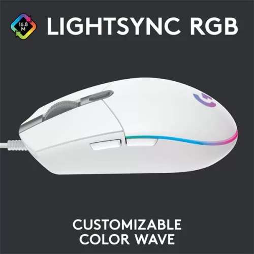 Logitech Egér - G203 Lightsync (Vezetékes, Gaming, Optikai, USB, 8000 DPI, fehér)