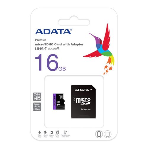 ADATA MicroSD kártya - 16GB microSDHC UHS-I Class10 (R/W: 80/10 MB/s) + adapter