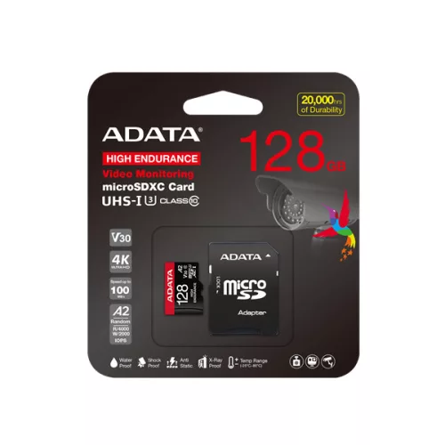 ADATA MicroSD kártya - 128GB microSDXC UHS-I U3 Class10 A2 V30S High Endurance (R/W: 100/85 MB/s, 24/7 record) + adapter