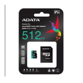   ADATA MicroSD kártya - 512GB microSDXC UHS-I U3 Class10 A2 V30S (R/W: 100/85 MB/s) + adapter
