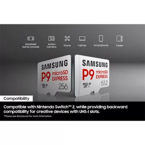 Samsung MicroSD kártya - 256GB MB-MK256T/WW (P9, Class10, PCIe Gen3.0x1, NVMe 1.3, SD 7.1, UHS-I)