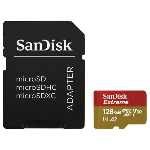 SanDisk MicroSD kártya - 128GB microSDXC Extreme (190/90 MB/s, Class 10 UHS-I U3, A2 V30) + adapter