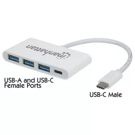   Manhattan USB HUB - Type-C-ről  3db USB 3.0-ra+1db USB Type-C, Power Delivery, Fehér