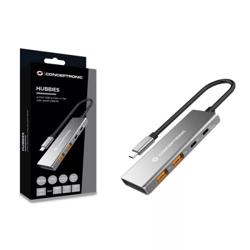 Conceptronic USB Hub - HUBBIES15G (4 Port, USB-C to 2x USB-C+2x USB-A, szürke)