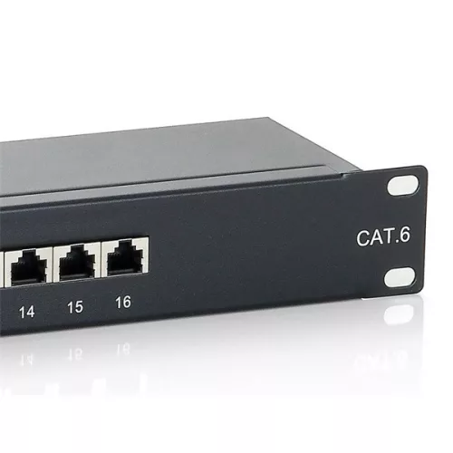 Equip Patch Panel - 326416 (16 port, Cat6, 1U, árnyékolt, fekete)