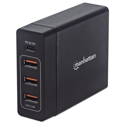 Manhattan Telefon töltő  - 1db USB-C: 20V/3A, 3db USB-A: 5V/2.4A, Total: 72W