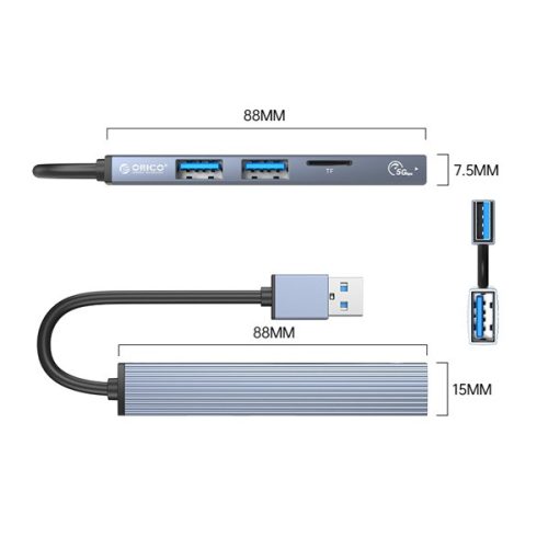 Orico USB3.0 Hub - AH-A12F-GY (4 port, Bemenet: USB-A, Kimenet: 1xUSB-A3.0+2xUSB-A2.0+TF kártyaolvasó, szürke)