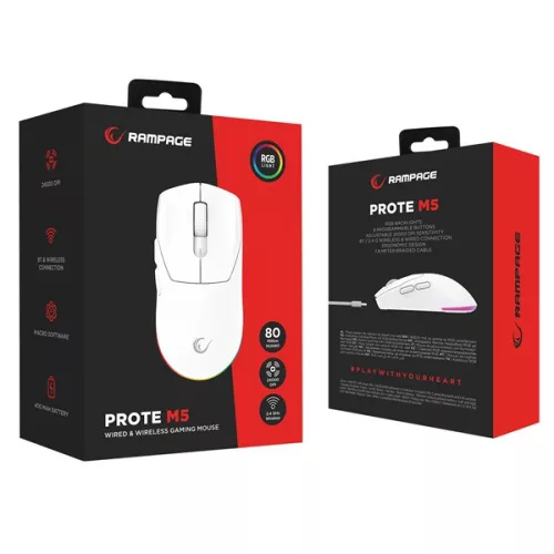 Rampage Vezeték Nélküli Egér - PROTE M5 (Pixart PAW3311, Huano 80M, 24000 DPI, 400mAh, 6 gomb, RGB, Type-C, fehér)