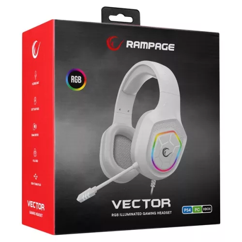 Rampage Fejhallgató - RM-K90 VECTOR (mikrofon, USB, 3,5 Jack, hangerőszabályzó, nagy-párnás, fehér)