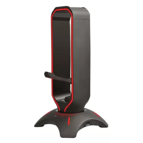 Rampage Fejhallgató állvány - RM-H66 GUARD (fekete, műanyag, USB HUB, Egérkábel tartó, RGB)