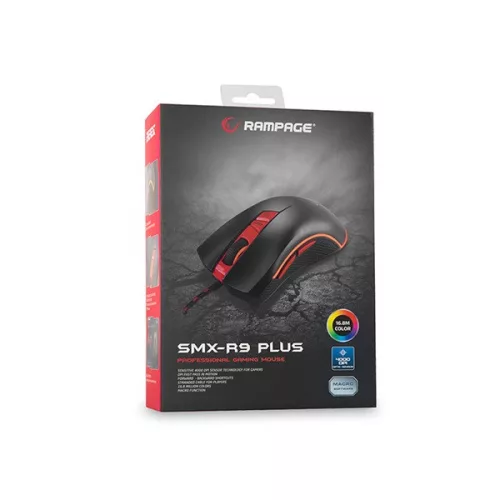 Rampage Egér Gamer - SMX-R9 Plus (Avago 3050, 4000DPI, 6 gomb, makro, RGB LED, harisnyázott kábel, fekete)
