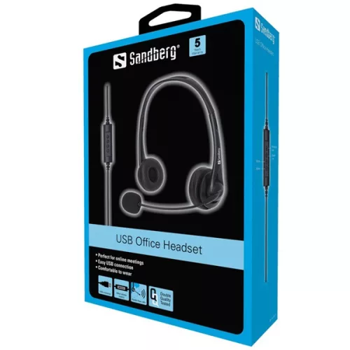 Sandberg Fejhallgató - USB Office Headset (USB; mikrofon; hangerő szabályzó; 2m kábel; fekete)