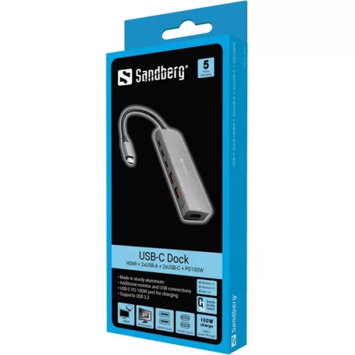 Sandberg Notebook Dokkoló - USB-C Dock HDMI + 2xUSB-A + 2xUSB-C + PD100W