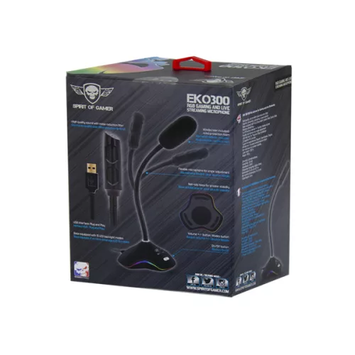 Spirit of Gamer Mikrofon - EKO 300 (RGB. USB csatlakozó, 150cm kábel, fekete)