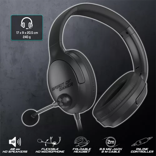 Spirit of Gamer Fejhallgató - PRO-H4 Black (MultiPlatform, mikrofon, 3.5mm jack, hangerőszabályzó, fekete)