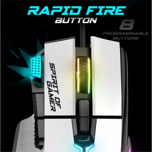 Spirit of Gamer Egér - PRO-M5 Arctic (Optikai, 12800DPI, 1000Hz, 8 gomb, harisnyázott kábel, fehér)
