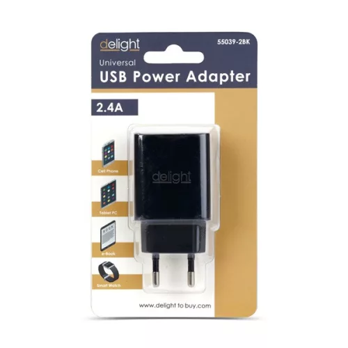 Delight Telefon töltő  - 2db USB, 5V/2,4A, Fekete