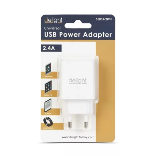 Delight Telefon töltő  - 2db USB, 5V/2,4A, Fehér
