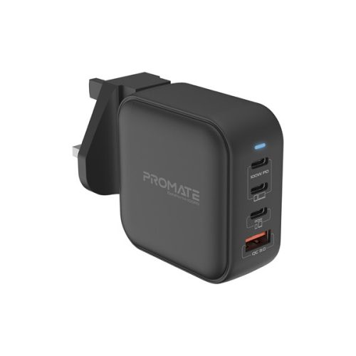 Promate Univerzális adapter - GANPORT4 100PD (1xUSB-A, 3xUSB-C, 100W PD, QC3.0, US/UK/EU dugó, fekete)