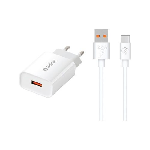 S-Link Hálózati töltő - SL-EC13T(1db USB, 5V/3A, 18W, Qiuck 3.0 Gyorstöltés, USB Type-C, 100cm adat+töltőkábel, fehér)