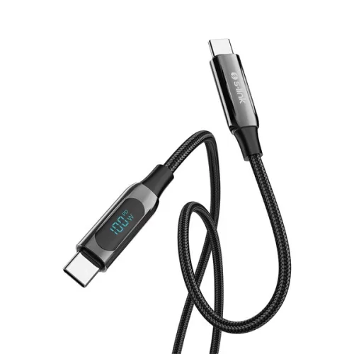 S-Link kábel - LCC-0100 (LED kijelző, 100W, Gyorstöltés, Type-C to Type-C 100cm adat+töltőkábel, fekete, fonott)
