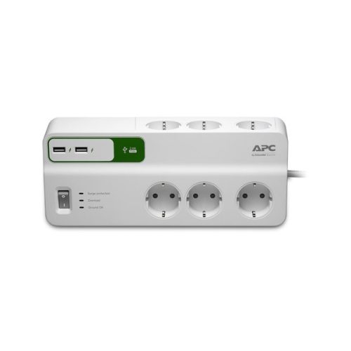 APC túlfeszültségvédő - PM6U-GR (Essential SurgeArrest, 6 aljzat, 5 V, 2,4 A, 2 port, USB-töltő, 230 V)