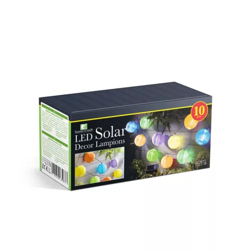 Szolár lampion fényfüzér - 10 db színes lampion, hidegfehér LED - 2,5 m