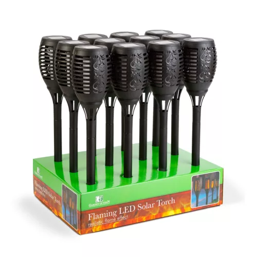 LED-es szolár lámpa - leszúrható - lángeffekt - 12 sárga LED - műanyag - fekete - 10 x 58 cm