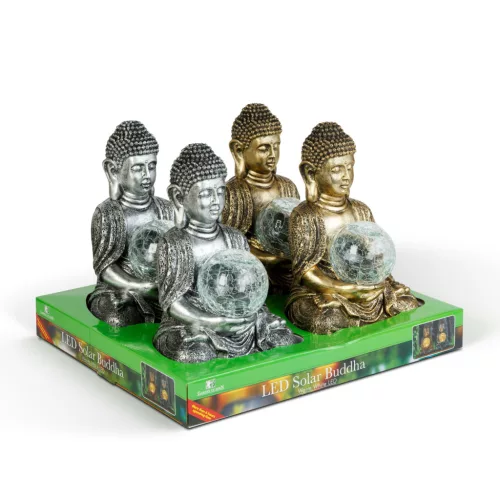 Szolár Buddha - 1 melegfehér LED - műgyanta - 17 x 15 x 26 cm - 2 féle
