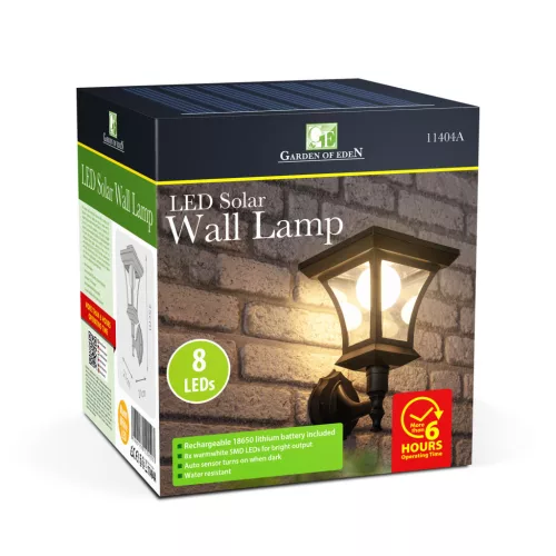 LED-es szolár lámpa - fali - 21 x 21 cm - 8 LED - fekete - melegfehér