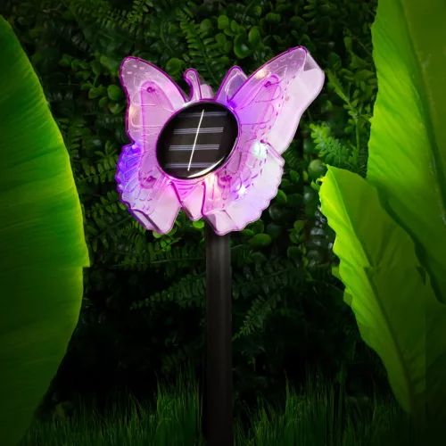 Leszúrható szolár pillangó - lila - 13 x 6,5 x 35 cm - melegfehér + színes LED